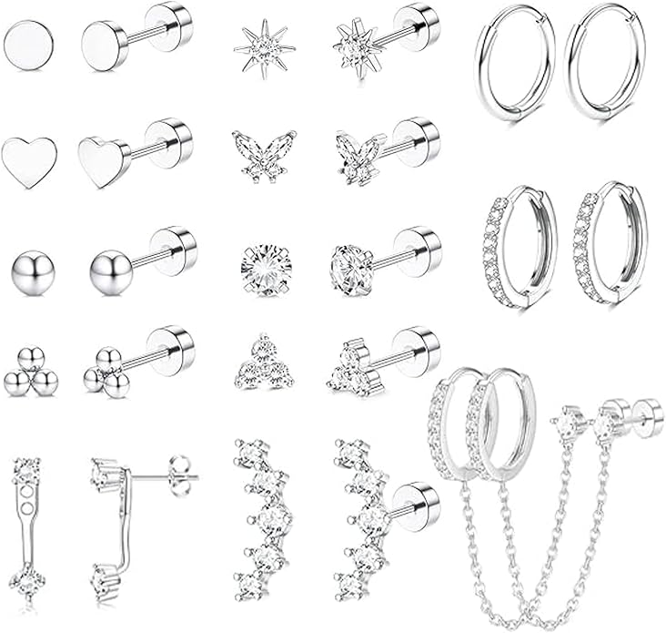 LOFITOR Gold Earrings for Women Hypoallergenic 20G Surgical Stainless Steel Flat Back Stud Earrings Dainty Stackable Earring Stacks Hoop Cartilage Earring Sets for Multiple Piercing