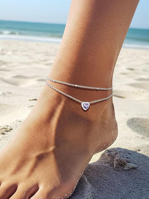 Richsteel Double Layer Heart/Butterfly Birthstone Anklet for Women Non Tarnish Waterproof, Silver/Gold/Black Stainless Steel 8.5-10.5 Inch Adjustable Chain Anklets Jewelry Gifts for Her