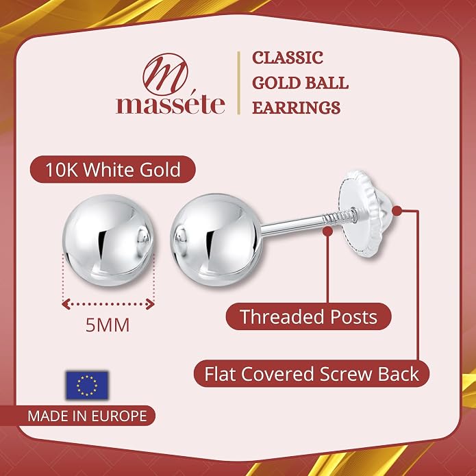 MASSETE Gold Ball Stud Earrings for Women and Girls Screwback | 10k, 14k, 18k | White Yellow or Rose Gold | 3mm 4mm 5mm | Nickel Free