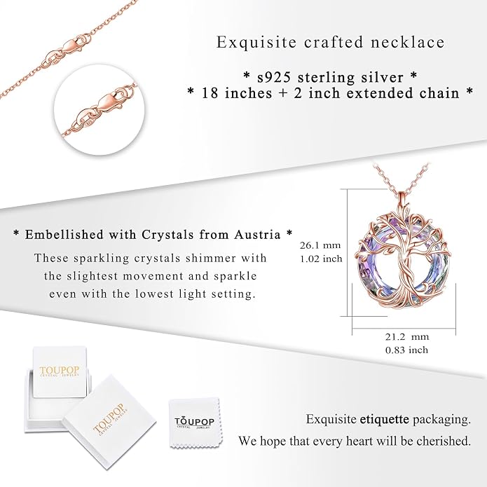 TOUPOP Tree of Life Necklace Gifts for Women 925 Sterling Silver Family Tree Pendant with Crystal Birthday Irish Jewelry Gifts for Women Her Wife Mom