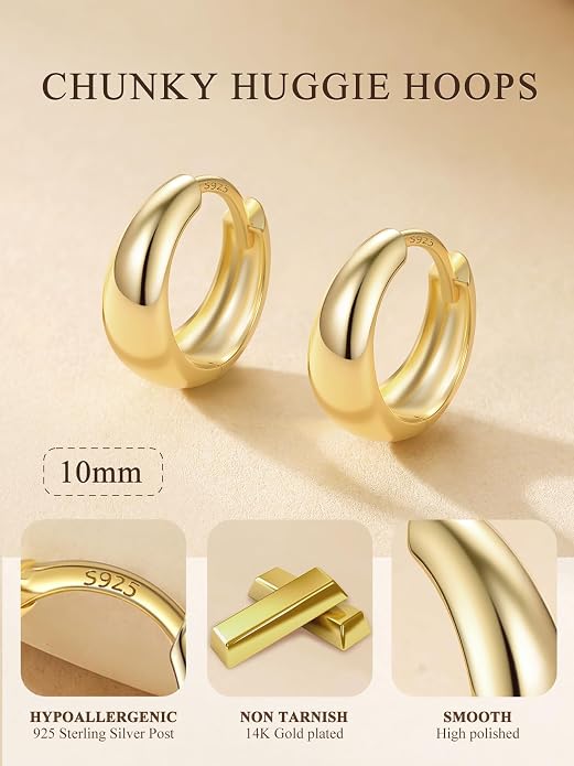 Bestyle Gold Huggies Earrings for Women Hypoallergenic 925 Sterling Silver Post Huggie Hoop Earrings Thick Lightweight Small Hoop Earrings 8/10/12/14mm