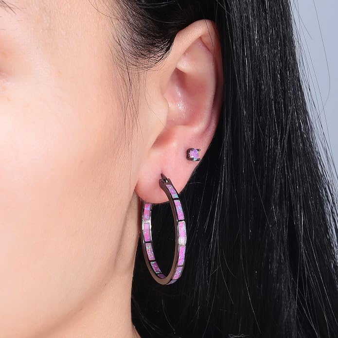 CiNily Opal Hoop Earrings,Women Jewelry Rhodium Plated/Rose Gold or Yellow Gold Plated Gemstone Big Hoop Earrings 32mm