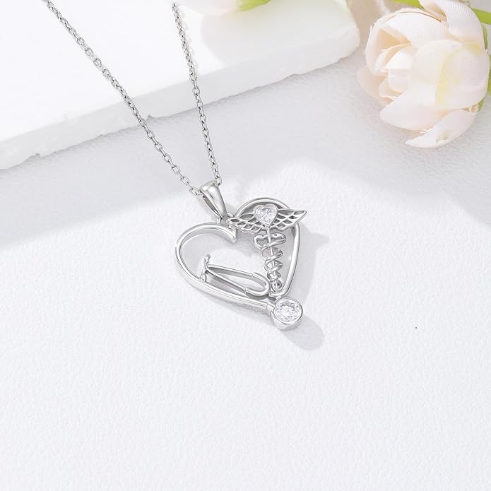 Birthstone Veterinary Stethoscope Necklace 925 Sterling Silver Nurse Vet Pendant with Dog Paw Nurse Jewelry Gifts for Veterinarian Nurse Women Veterinarian Gifts