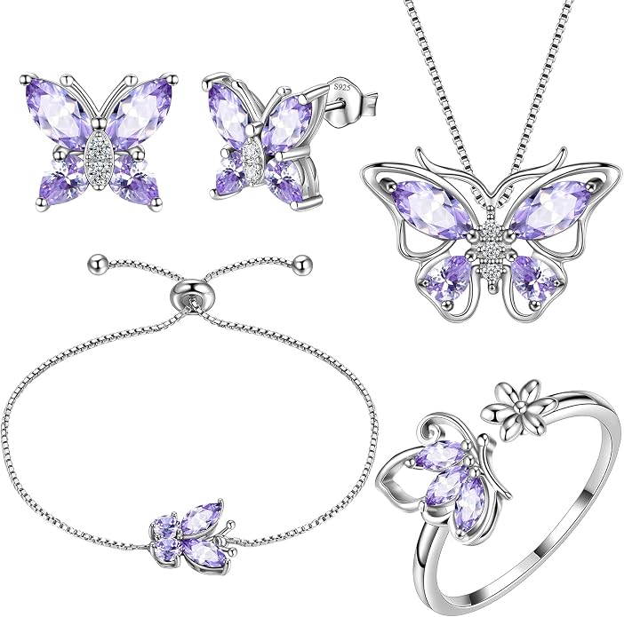 Aurora Tears Butterfly Jewelry,Women 925 Sterling Silver Butterflies Birthstone Pendant Necklace/Earrings/Rings Wedding Gift
