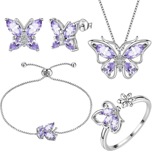 Aurora Tears Butterfly Jewelry,Women 925 Sterling Silver Butterflies Birthstone Pendant Necklace/Earrings/Rings Wedding Gift