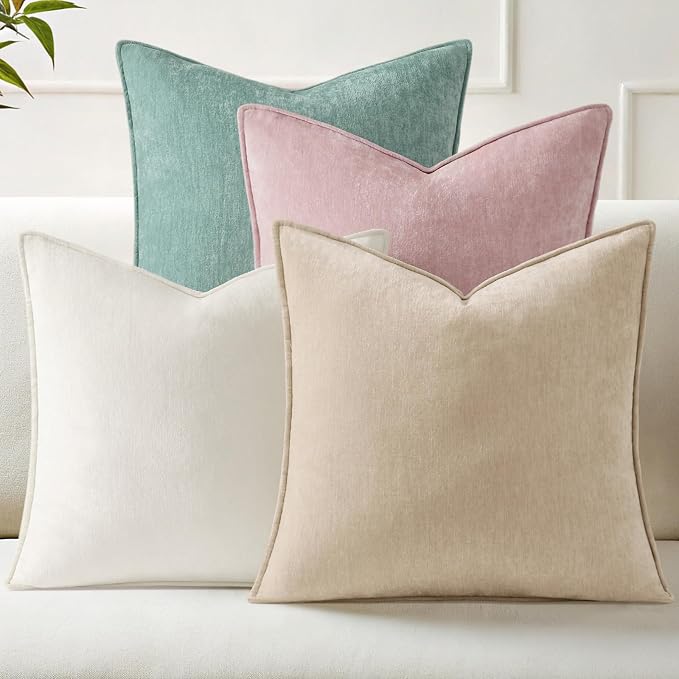 decorUhome Set of 4 Chenille Throw Pillow Covers 18x18 (Beige/Pink) | Couch Decorative Soft Neutral Pillow Covers with Elegant Design for Living Room Bed Sofa