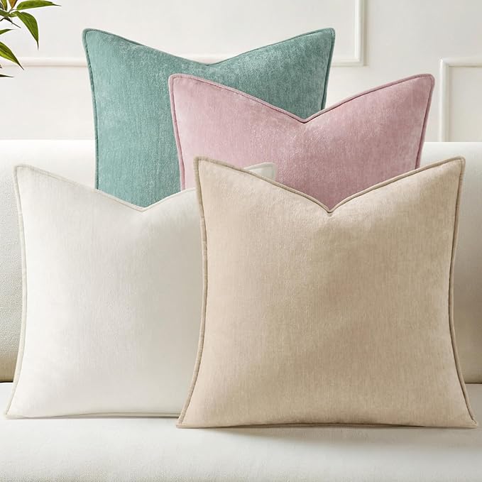 decorUhome Set of 4 Chenille Throw Pillow Covers 20x20 (Beige/Pink) | Couch Decorative Soft Neutral Pillow Covers with Elegant Design for Living Room Bed Sofa