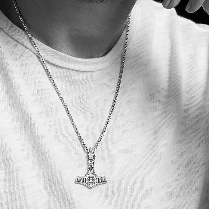PROESS Thors Hammer Necklace Sterling Silver Celtic Knot Wolf/Lion/Raven Necklace Viking Mjolnir Pendant Jewelry for Men