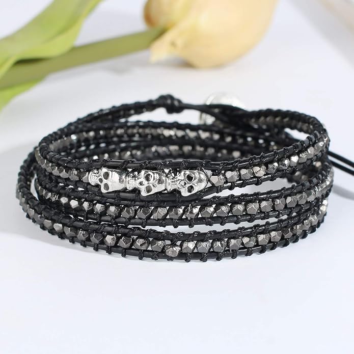 KELITCH Skull 3 Wrap Leather Bracelet Punk Beaded Bracelets Stackable Gothic Bangle Bracelets