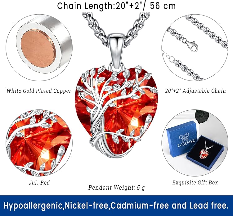Eusense Tree of Life Necklace for Women White Gold Plated Copper Moonstone/Turquoise/Black Onyx/Crystal Birthstone Pendant Jewelry Gifts for Women Men