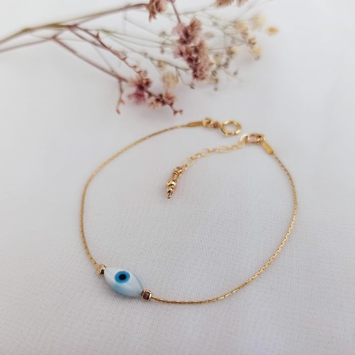Minimalist Evil Eye Charm Bracelet – Handmade Delicate Good Luck Jewelry for Women – Adjustable 6.5” + 1” Extender