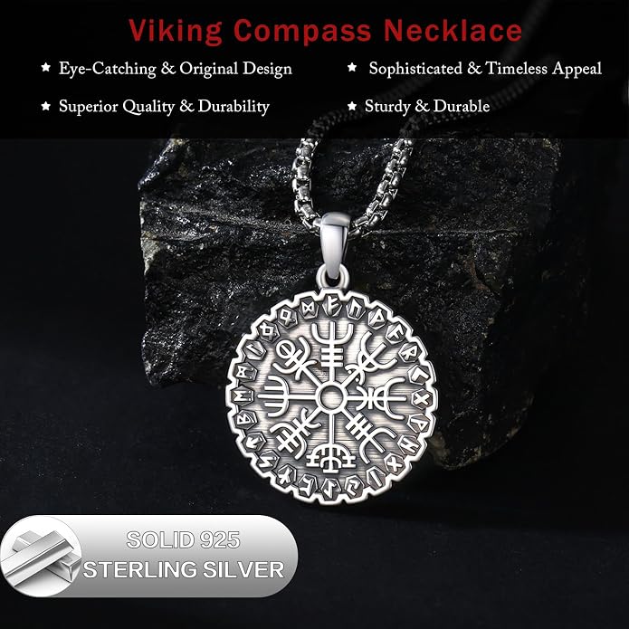 Viking Necklace for Men 925 Sterling Silver Norse Mythology Talisman Jewelry Gifts with 22"+2" Rolo Chain