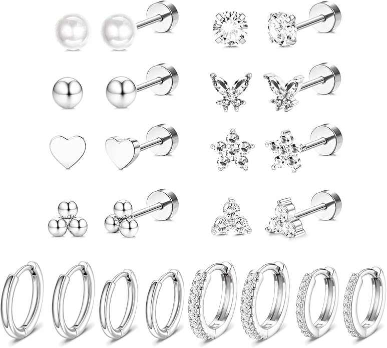 Stainless Steel Stud Earrings Set for Women Hypoallergenic Flat Back Cartilage Earrings Screw Back Huggie Hoop Earrings Multiple Piercing Cubic Zirconia Helix Tragus Jewelry