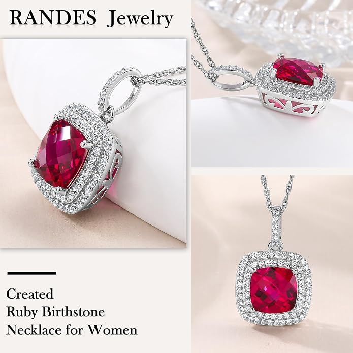 Birthstone Necklace for Women 925 Sterling Silver Cushion/Pear Cut Created Gemstone Halo Pendant Necklace Birthstone Jewelry