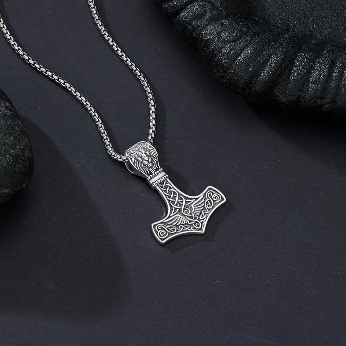 PROESS Thors Hammer Necklace Sterling Silver Celtic Knot Wolf/Lion/Raven Necklace Viking Mjolnir Pendant Jewelry for Men