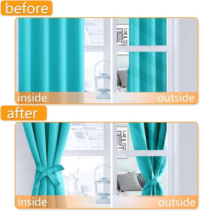 Hiasan Blackout Curtains for Bedroom - Thermal Insulated & Light Blocking Window Curtains for Living Room/Kids Room, 2 Drape Panels Sewn with Tiebacks, Turquoise, 52 x 45 Inch