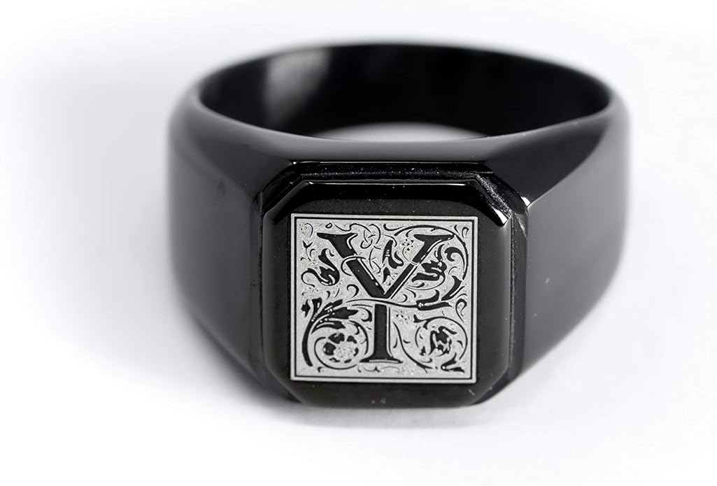 Jewelry | Stainless Steel Letter Alphabet Initial Ring | Square Flat Top Ring for Men & Women | Stainless Steel Jewelry, (Black, Gold, Silver), Size 7-16