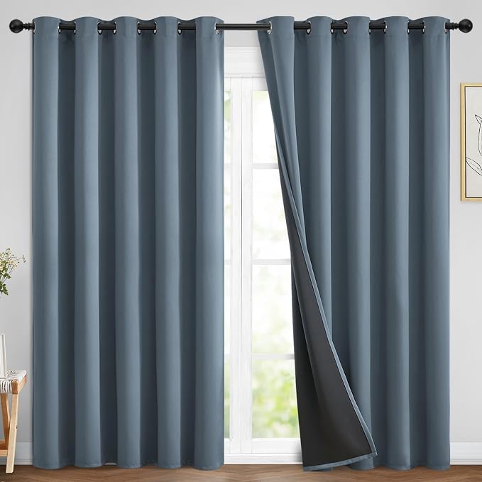 Yakamok Stone Blue 100% Blackout Curtains 84 Inches Long 70" Wide 2 Panel | Blackout Curtain Panels for Bedroom, 2 Thick Layers Grommet Top Thermal Insulated Drapes with Black Liner for Living Room