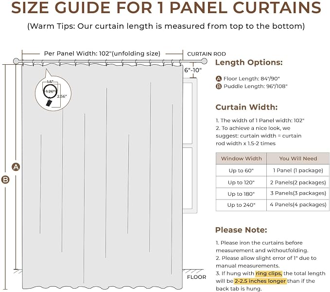 INOVADAY 100% Blackout Curtains for Bedroom, Black Out Curtains 90 Inch Long, Clip Rings Linen Blackout Drapes, Thermal Insulated Room Darkening for Living Room, 1 Panel - Black,W102xL90