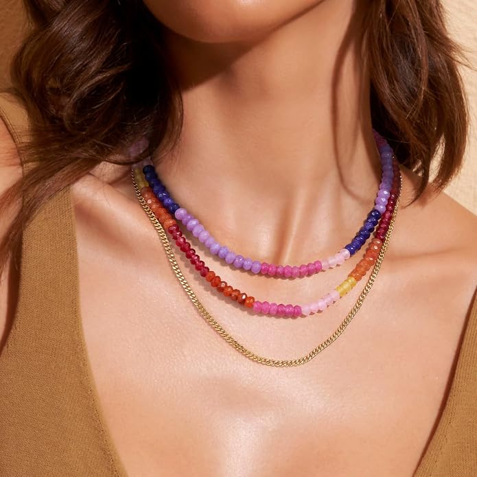 KELORIS PATH Beaded Necklace for Women, Colorful Gemstone Boho Bead Choker for Beach, Trendy Summer Natural Stone Jewelry Gifts