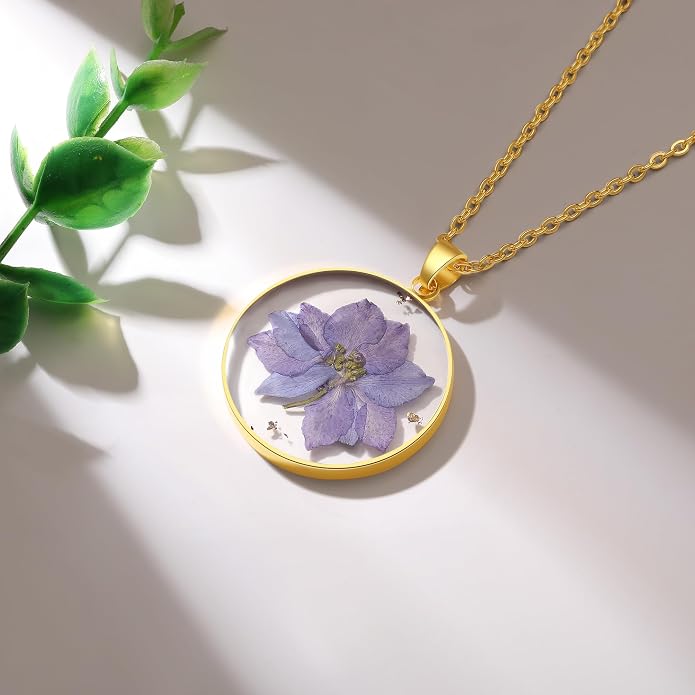AUNTESIGN Forget-Me-Not and Queen Anne's Lace Pressed Wildflower Necklace | Birth Month Flowers Necklace | Gold/Silver Pressed Flower Jewelry | Mother's Day | Gift For Her