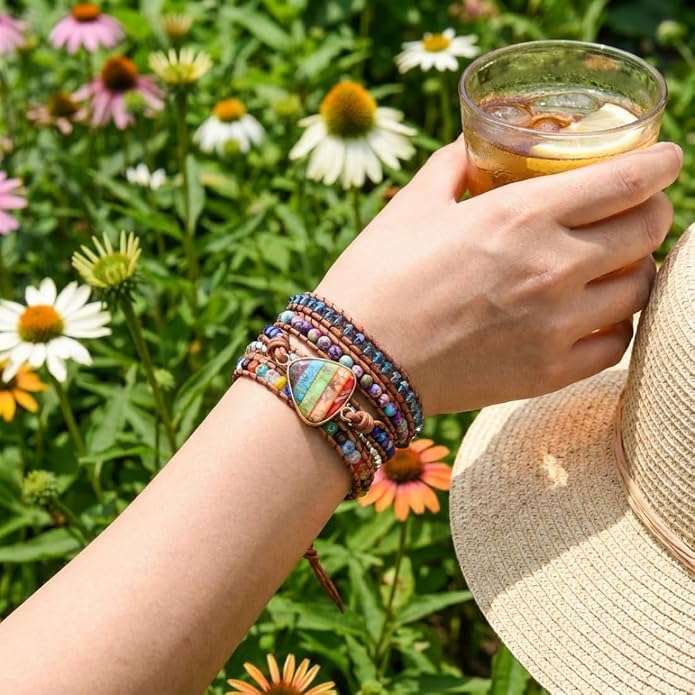 YGLINE Boho Handmade Wrap Leather Tube Crystal Stone Bracelet for Women