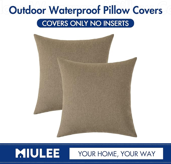 MIULEE Pack of 2 Decorative Outdoor Solid Waterproof Throw Pillow Covers Faux Linen Garden Farmhouse Cushion Cases for Patio Tent Balcony Couch Sofa 18x18 Inch Khaki