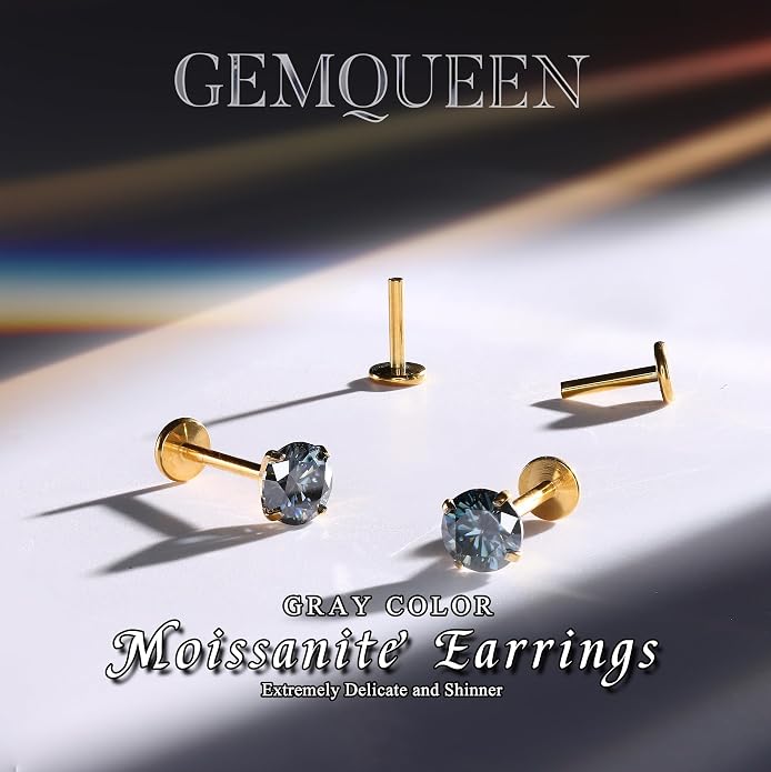 GEMQUEEN Moissanite Earrings G23 Titanium Extended Internal Thread Flat Back Earrings Hypoallergenic Tragus Cartilage Helix Conch Piercing Jewelry for Women Men 18G 6/8mm Post Gray/D Color 0.2-3CT