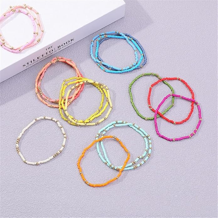 Fuqimanman2020 18Pcs Boho Stackable Beaded Bracelets for Women Colorful Handmade Multilayered Rice Beads Anklets Set Summer Beach Bohemian Jewelry Gift