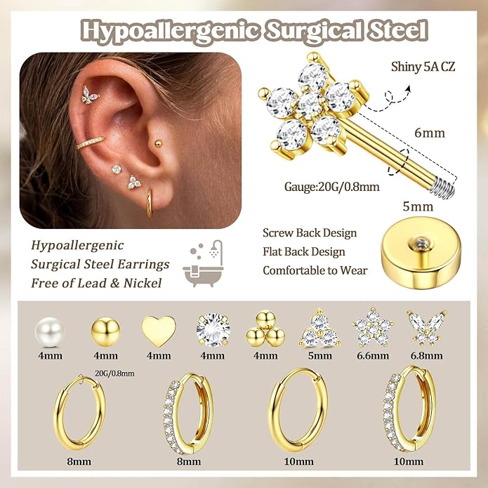 Jstyle Hypoallergenic 14K Gold Plated Stud Hoop Earrings for Women Men Surgical Stainless Steel Flat Back Earrings Small Huggie Hoops Cartilage Earring Set for Multiple Piercing Jewelry Gift for Women