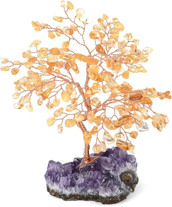 Natural Citrine Crystal Tree with Amethyst Geode Base,Crystal Ornaments Feng Shui Bonsai Money Tree,Chakra Balancing Positive Energy Figurings Decor 5.5"-6.3"