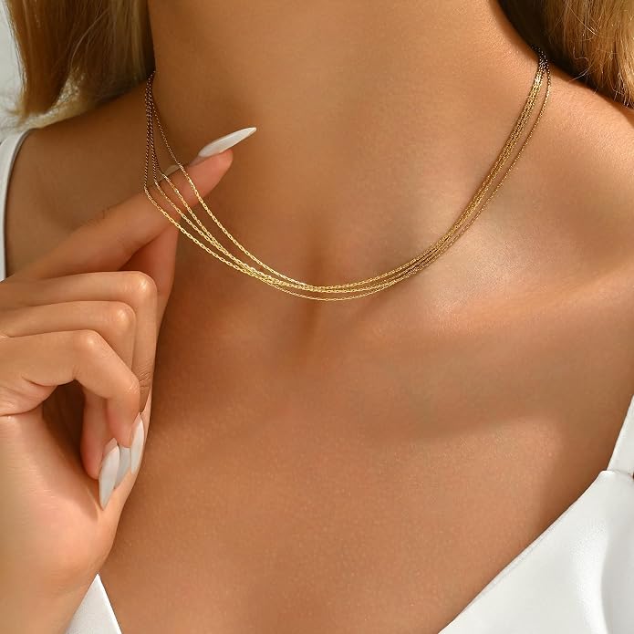 18K Gold Plated Layered Herringbone Necklaces for Women Dainty Layering Beaded Snake Chain Choker Moon Coin Pendant Necklace Trendy Stainless Steel Jewelry