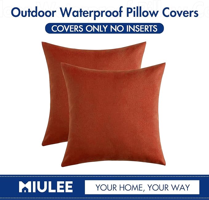 MIULEE Pack of 2 Decorative Outdoor Solid Waterproof Throw Pillow Covers Faux Linen Garden Farmhouse Cushion Cases for Summer Patio Tent Balcony Couch Sofa 20x20 Inch Burnt Orange Terracotta