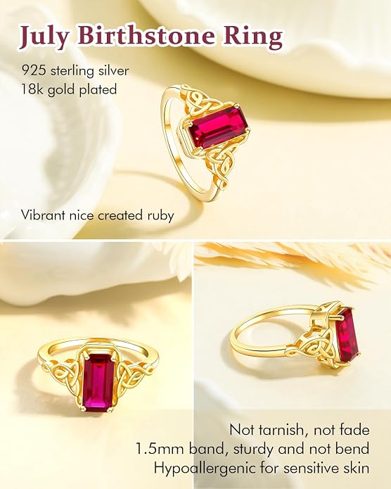 DAYBYDAY Celtic Birthstone Rings for Women, 925 Sterling Silver/18K Gold Plated Emerald Cut Celtic Knot Engagement Wedding Ring, Square Created Gemstone Promise Rings for Her Size 6-10
