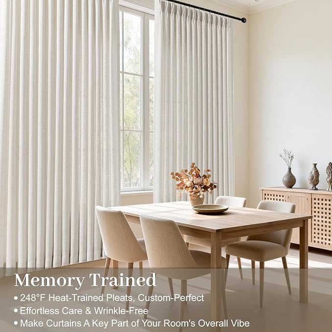 IVAPUPU Pinch Pleated Thick Linen Curtains 90 Inch for Living Room, Light Filtering Semi Sheer Curtains Memory Trained Back Tab Pleat Drapes for Bedroom Dining Room, 40x90, Natural, 2 Panels