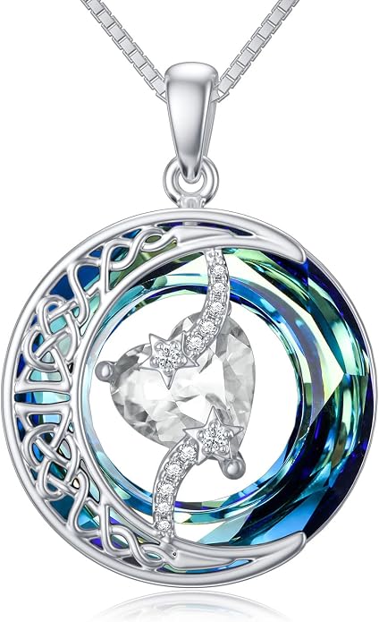 TOUPOP Birthstone Necklace 925 Sterling Silver Moon and Star Pendant Celtic Moon Jewelry with Blue Crystal Anniversary Birthday Gifts for Women Mom Wife Her
