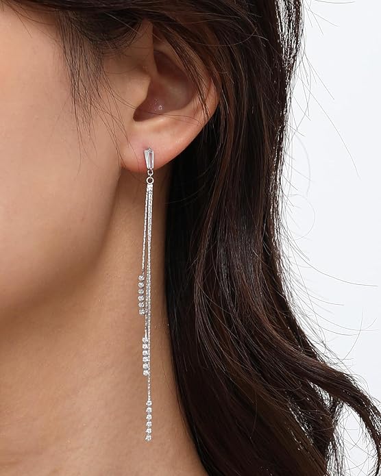 Asymmetrical Chain Dangle Earrings for Women 18K Gold Plated 925 Silver Circle and Long Ear Pin Tassel Chain Triangle Wing-Inspired 6A CZ Drop Earring Geometric Symbolic Earrings Jewelry Gifts