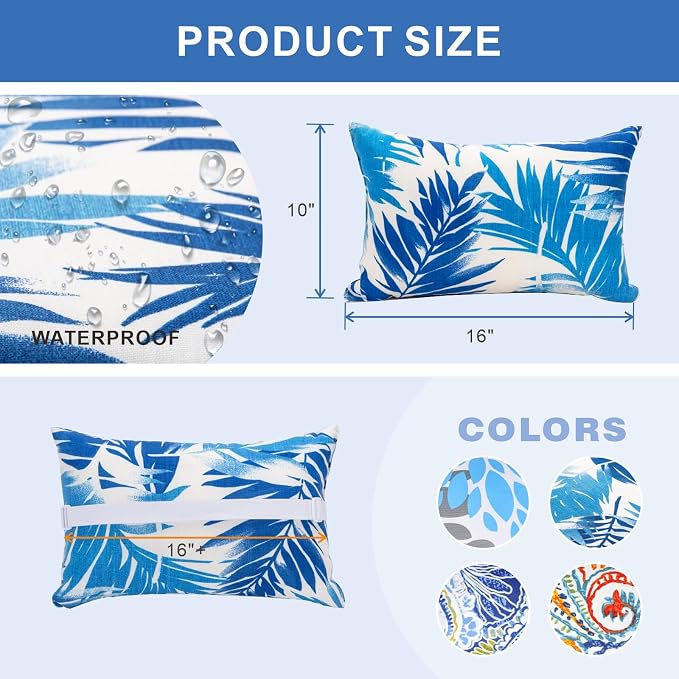 JMGBird Outside Pillows Blue Outdoor Pillows with Adjustable Straps | 10x16 Waterproof Outdoor Pillow covers with insert 4 Throw Pillows Headrest Cushions for Pool Patio Beach Chair