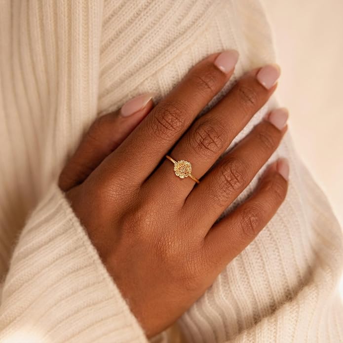 Birth Flower Ring for Women 14K Gold Plated Floral Minimalist Stackable Finger Jewelry Birthday Gifts