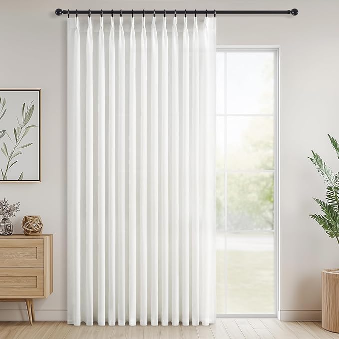 Topfinel 90 Inches Long Pinch Pleated Semi Sheer Curtains,White Linen Blended Light Filtering Window Curtains 90 Length for Living Room Bedroom Pinch Pleat Drapes with Hooks 1 Panels 72" Wx90 L
