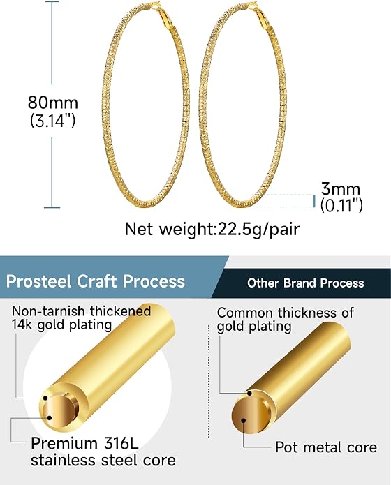 PROSTEEL 30/40/60/80/100mm Chunky Hoop Earrings For Women Gold Plated/Black Stainless Steel Hoops Earrings Statement Jewelry