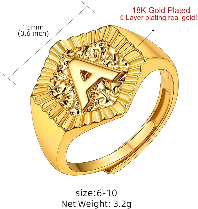 KeyStyle Bold Initial Letter Rings Adjustable, GoldChic Jewelry Women Gold Statement Ring Personalized Engraved Women’s Open Signet Ring for Party (Gold, White Gold, Black)