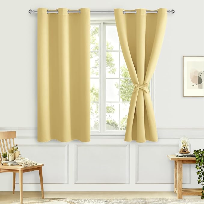 Hiasan Short Blackout Curtains for Bedroom - Thermal Insulated & Energy Saving Window Curtains for Living Room, 2 Drape Panels Sewn with Tiebacks, Light Yellow, 38 x 45 Inch