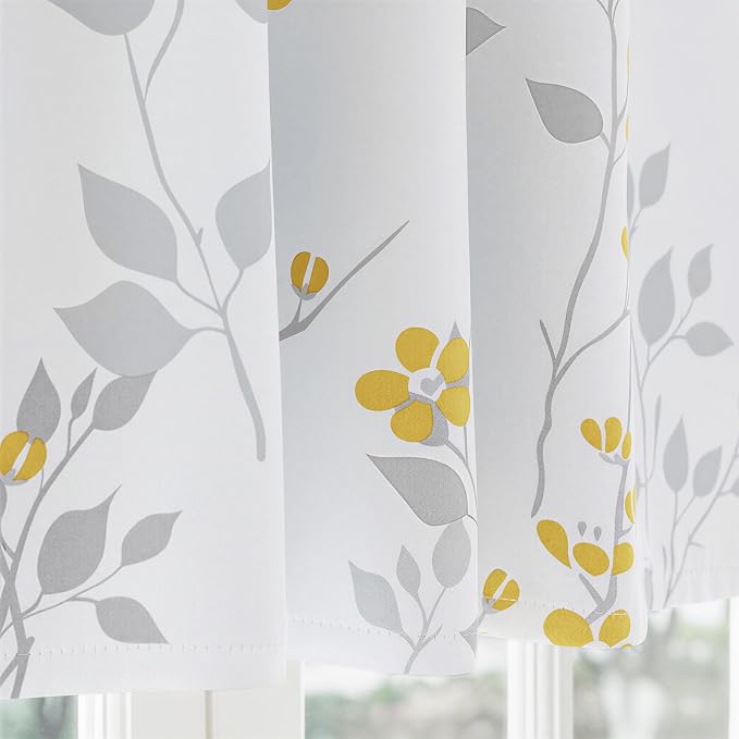 Beauoop Floral Valance Curtains for Kitchen Yellow Grey 52X18 Inch 1 Panel | Flower Patterned Yellow White Blackout Short Curtains for Living Room Bedroom Cafe Thermal Small Window Curtains Rod Pocket