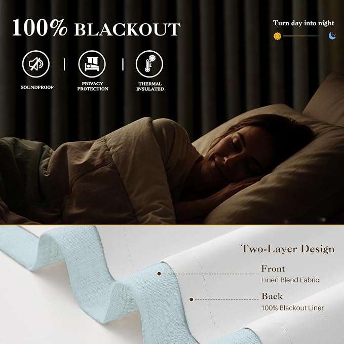 IVAPUPU Blue Pinch Pleated Full Blackout Linen Curtains for Bedroom, Black Out Curtains 95 Inches Long for Living Room Darkening Thermal Insulated Neutral Pleat Drapes with 16 Hooks, 2 Panels