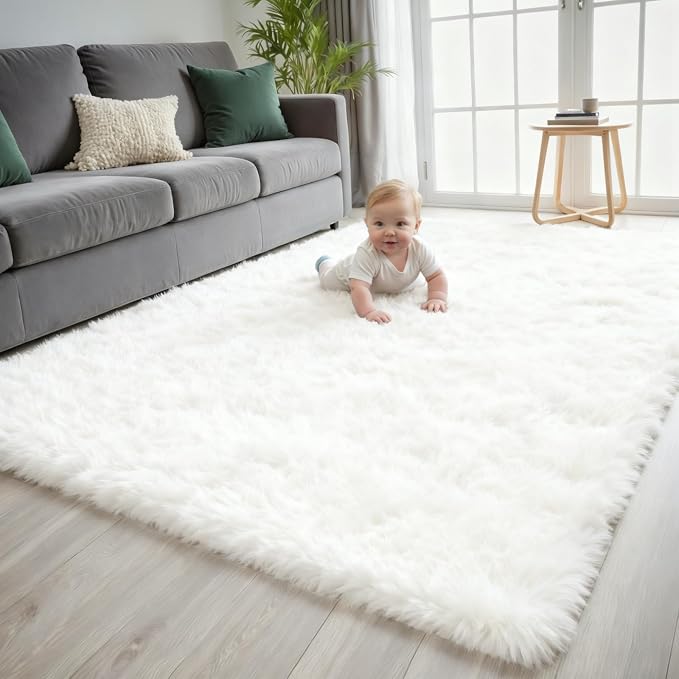 5x7 Area Rug for Living Room, Ultra Soft Fluffy Shag Rugs for Bedroom, Non-Slip Large Fuzzy Plush Rug Indoor Floor Carpet for Nursery Kids Office Dorm Modern Decor, White