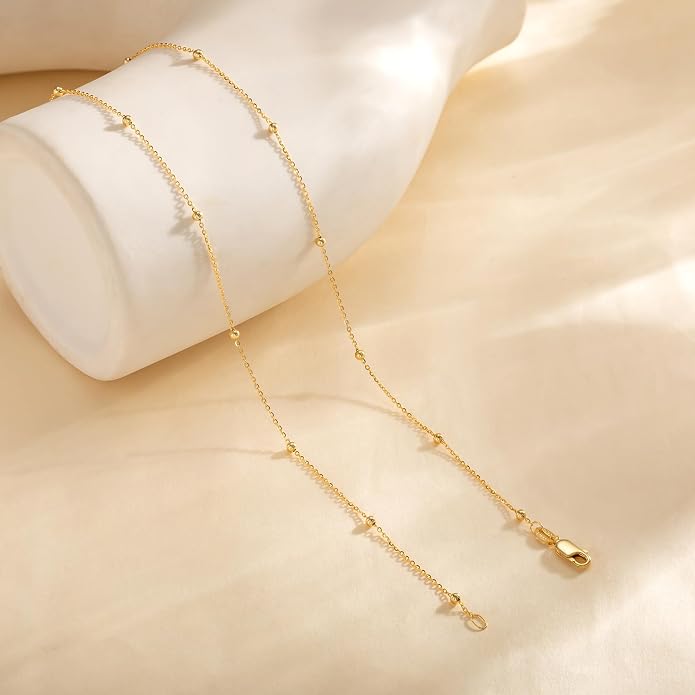 Carffordo 925 Sterling Silver Chain Necklace 16K Gold Plated Beaded Chain Necklace for Women Simple Dainty Choker Necklace Satellite Waterproof Link Necklace Trendy Jewelry Gifts