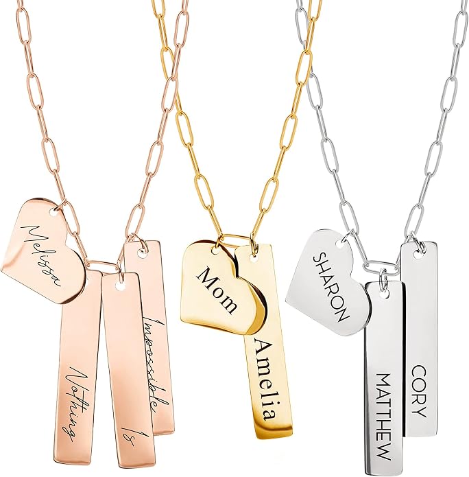 MignonandMignon Custom Engraved Multiple Kids Names Necklace for Mom Birthday Handmade Jewelry Paper Chip Chain with Heart Charm Vertical Nameplate Bar Pendant