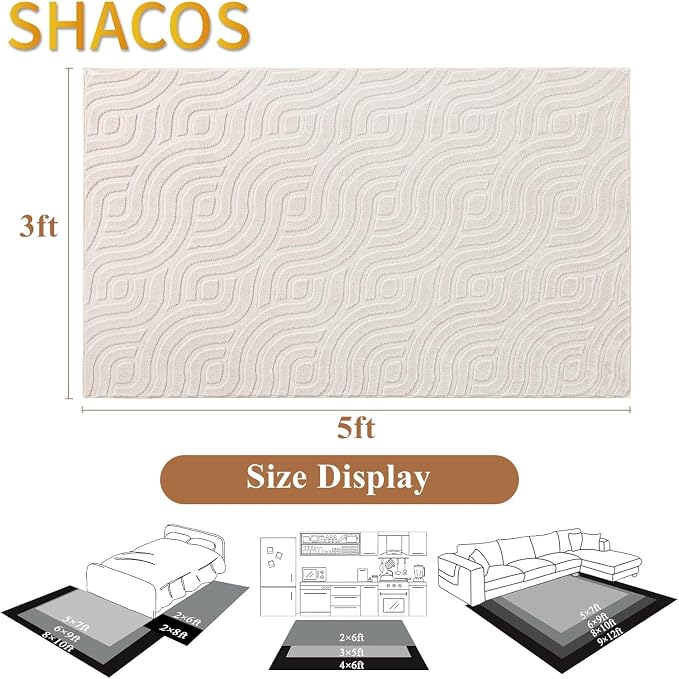 SHACOS 3x5 Soft Area Rugs for Living Room Beige Solid Color Fluffy Rug for Bedroom Non Slip Washable Indoor Mat Floor Carpet for Kids Room Nursery Bathroom, High-Low Pile Boho Modern Rug