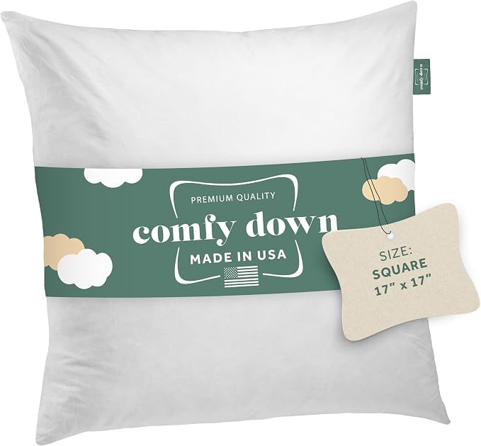 ComfyDown 17x17 Throw Pillow Insert, Down & Feather Fill, 100% Cotton Cover, Made in USA – Premium Soft Decorative Pillow Form Sham Stuffer for Bed, Sofa & Couch